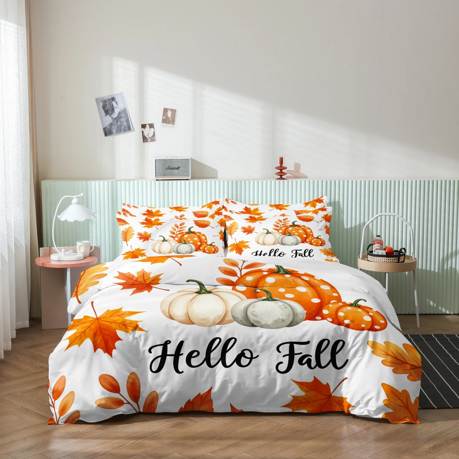 3 Pieces Hello Maple Leaf Pumpkin Print Duvet Cover Set, Watercolor Autumn Leaf Multi Color Pumpkin Harvest Print Bedding