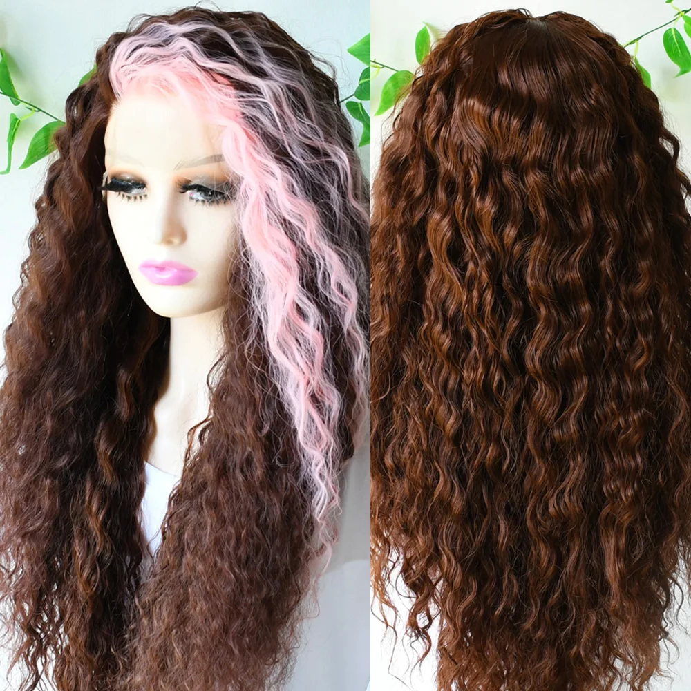 Pink Brown 13x4 Long Curly Lace Front Wigs Glueless Synthetic Lace Front Wig For Women Loose Wave Wig Cosplay Party