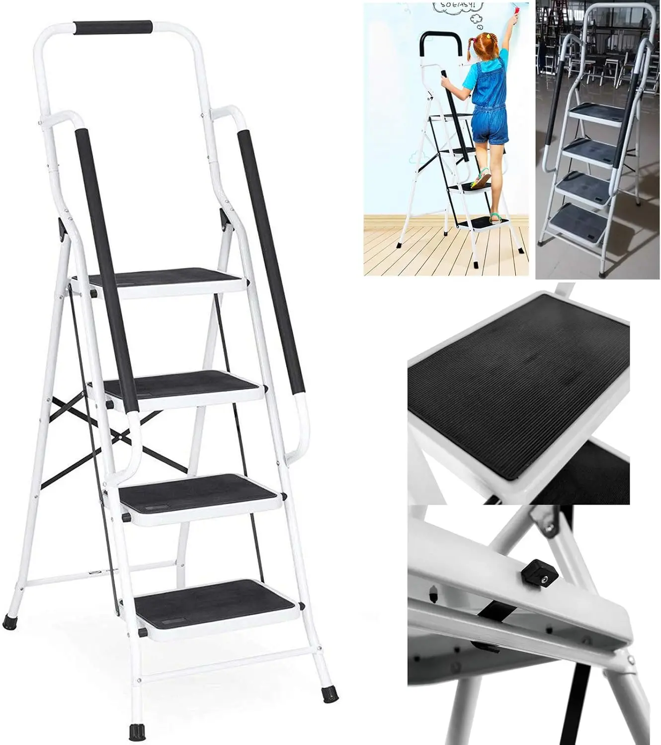 Rutschfeste Pedal- und Leiterfußverarbeitung, verfügt über breite, rutschfeste Gummistufen, Trittleiter mit 4 Stufen und Handlauf.