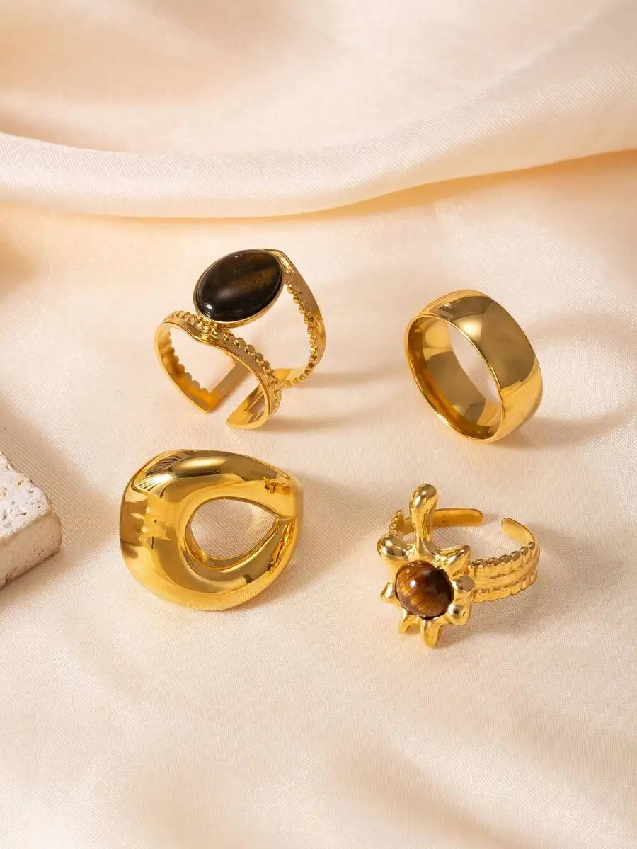 

4pcs Stainless Steel Tiger Eye Geometric Hollow Rings For Women Daily Wear