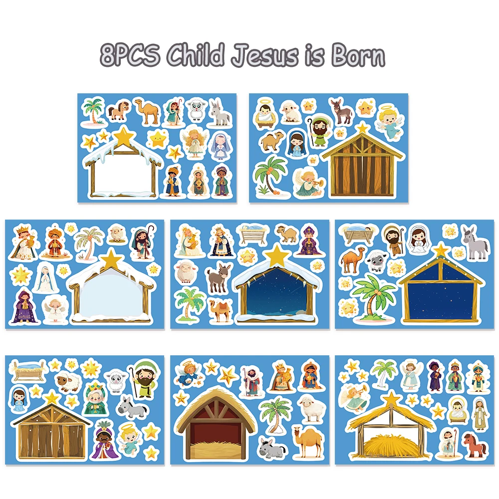 8 أوراق كرتونية برائحة يسوع DIY ملصقات ألغاز لعبة تلبيس ملصقات تجميع مضحكة للأطفال هدايا إبداعية #4