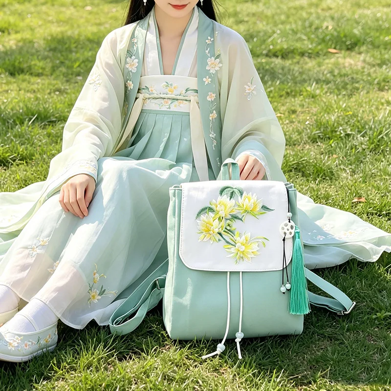 

Chinese Style Backpack Women Ancient Hanfu Collocation Flower Embroidered Backpack Tassel Pendent Handbag