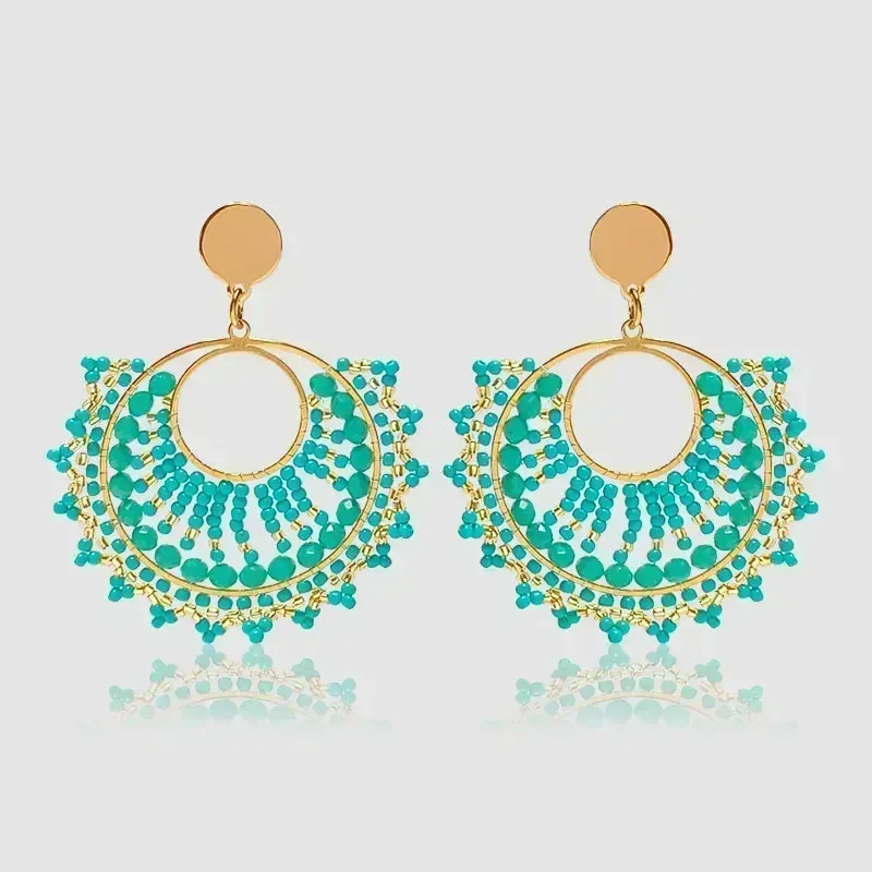 Women's Double-Deck Bohemia Alloy Beaded Earrings with round Crystal Hand-Knitted Simple Original Versatile Rice Bead Jewelry