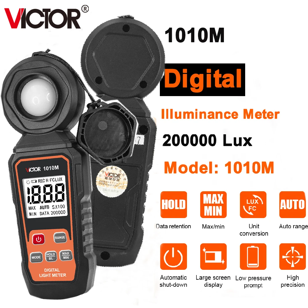 VICTOR Digital Illuminance Meter Light Meter Handheld Ambient Temperature Measurer with Range up to 200,000 Lux Luxmeter