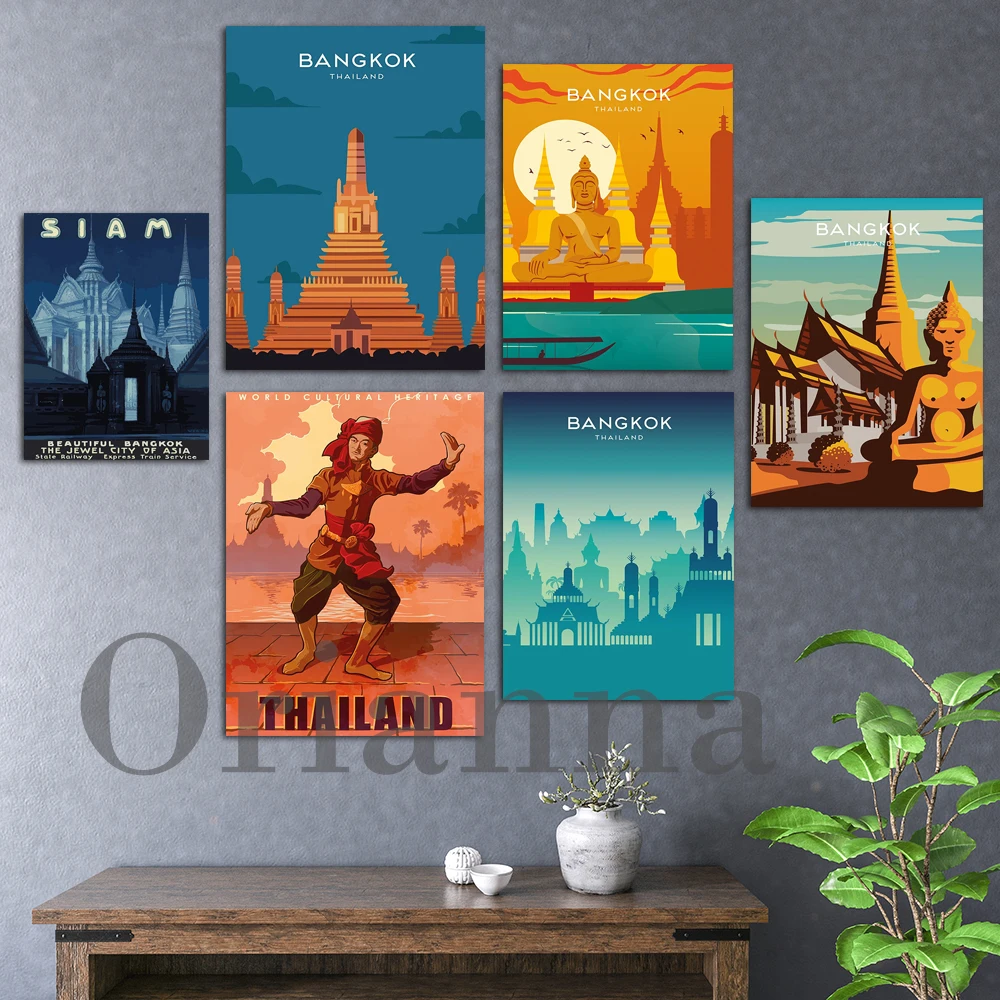 Siam Bangkok  Figure Of Buddha Thailand Man City Skyline Retro Travel Wall Art Canvas Prints Posters Living Room Decor Painting