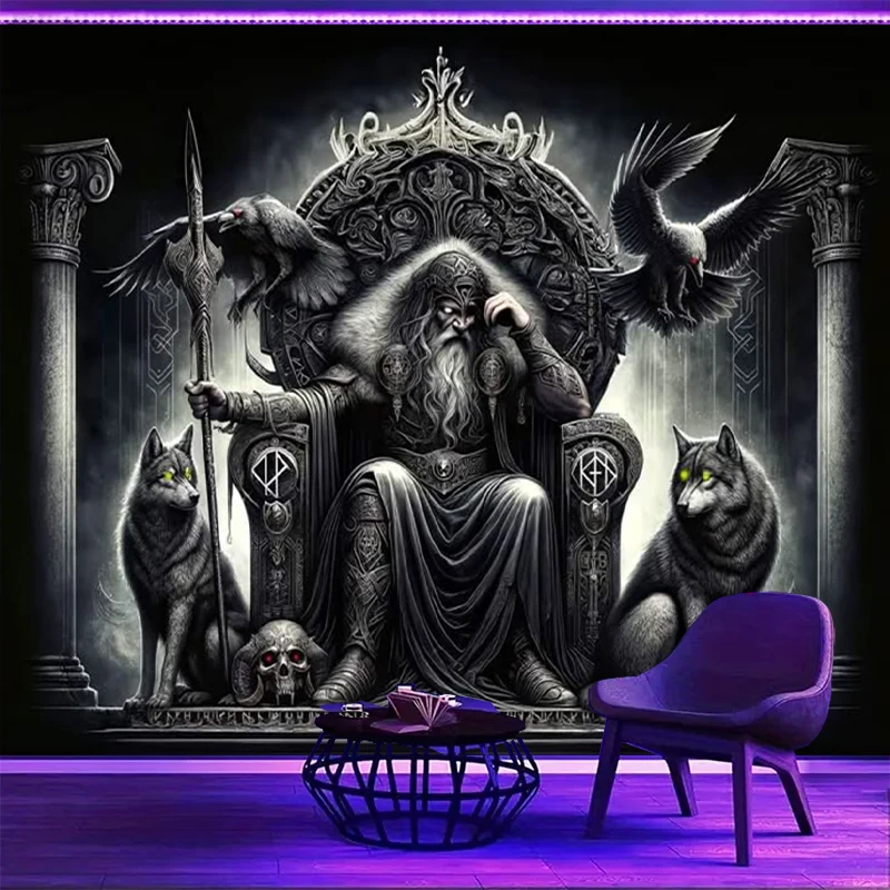 1PC Norse God Odin Art Print Backdrop Banner, Bedroom Living Room Photo Background, Polyester, Home Decor, Wall Art