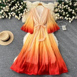 Vintage Gradient Woman Dress Slim Waist Bandage V-neck Flare Sleeve Robe Femme Vetidos De Mujer Big Swing Pleated Summer Dresses