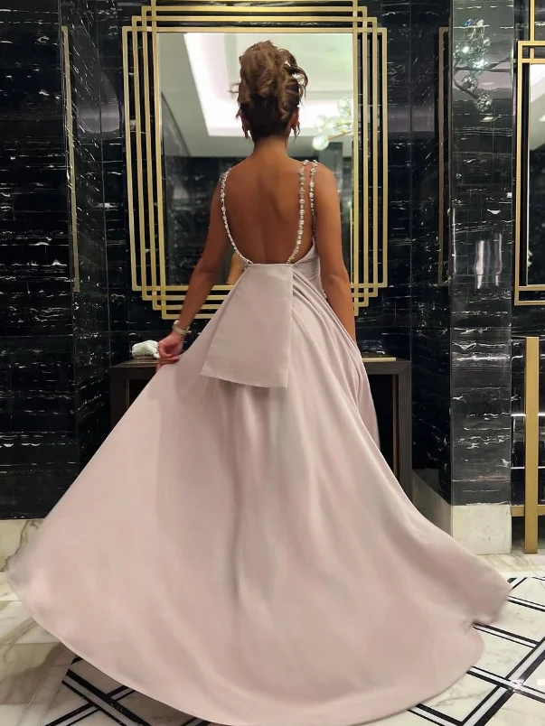 High Quality Customized Floor Length Strapless Beaded Backless Pleat Sleeveless Pink Robe Pour Mariage Invité Dress for Women