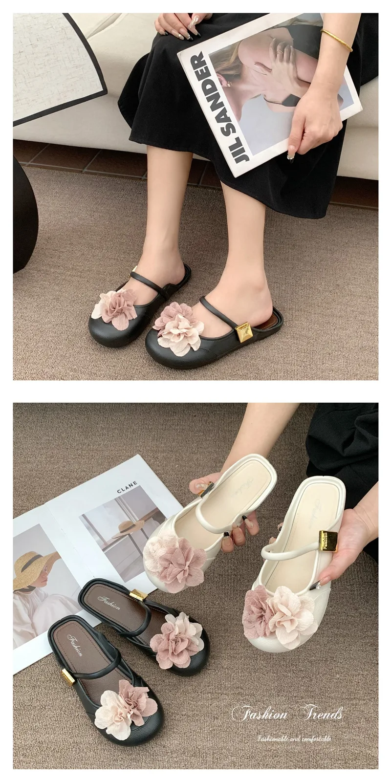 Sommerliche neue Doppelblumen-Trend-Slipper, modisch, bequem, für draußen geeignet, leichte, flache, coole Slipper. – Detail 14