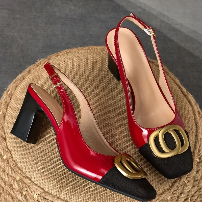 2026 Hochwertige Damen-Slingback-Sandalen mit Blockabsatz, Metallschnalle, klobigem Absatz und eckiger Zehenpartie, Büroschuhe, Übergrößen 35-43, elegante Schuhe