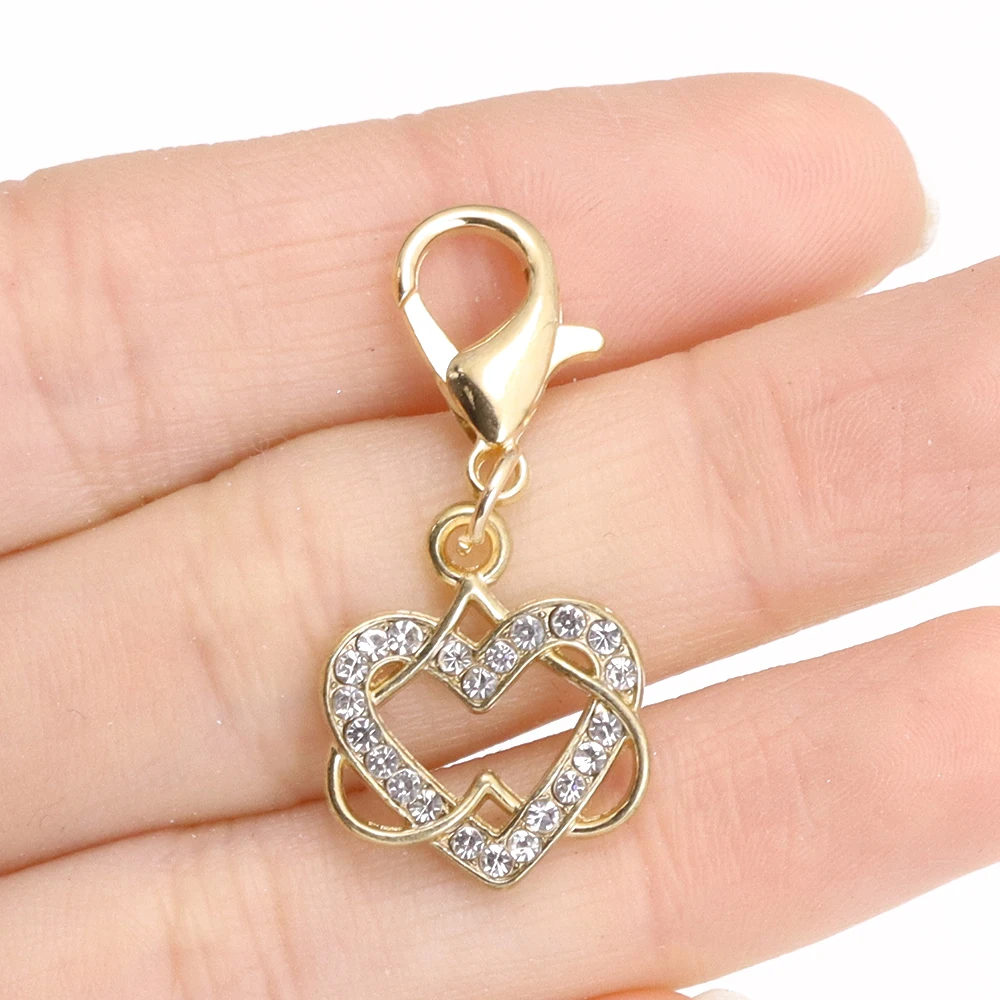 10Pcs Luxury Zircon Metal Love Heart Charms Pendant with Lobster Clasp Sew Accessories DIY Jewelry Supplies