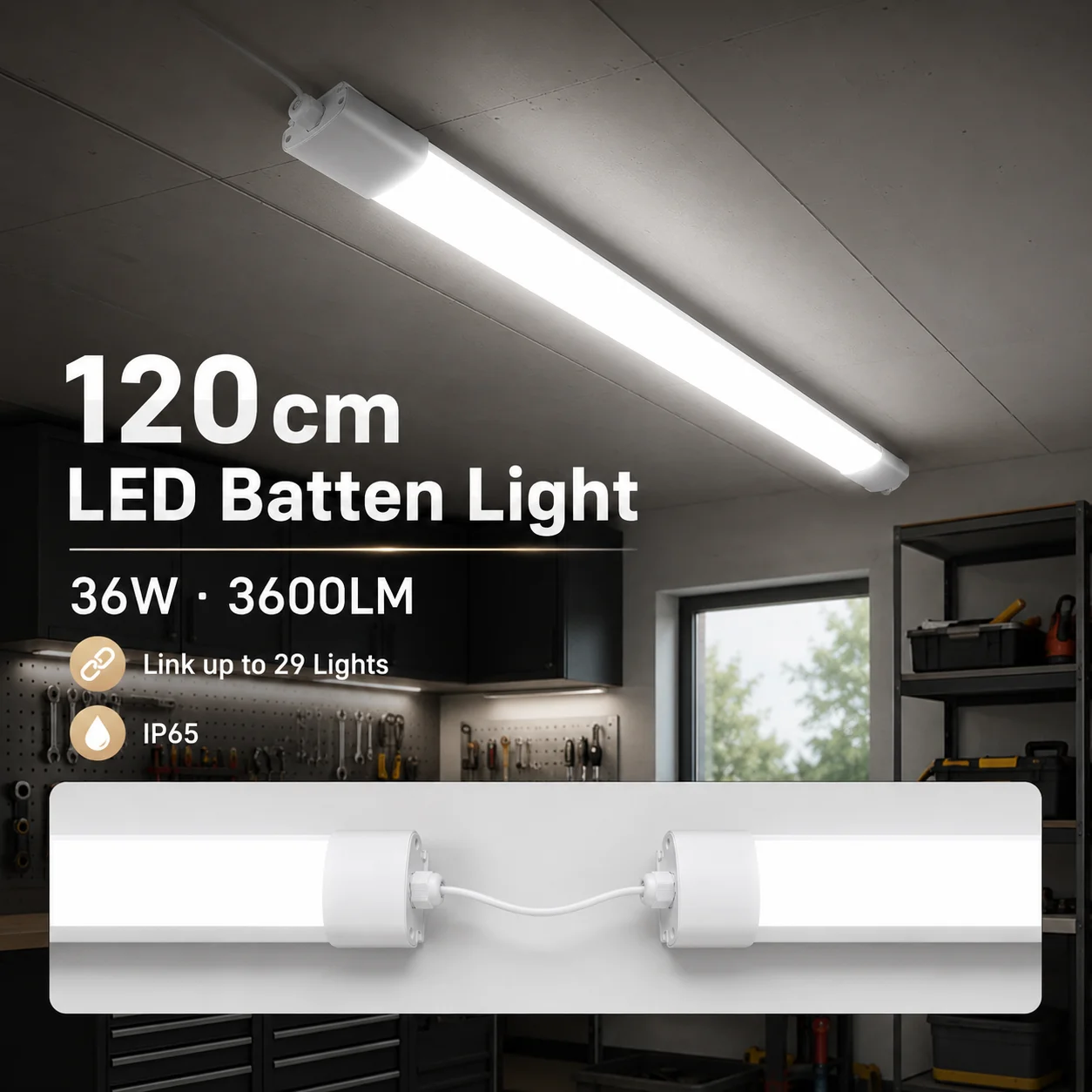 Lampada a LED da 120 cm, 36 W, 3600 lumen, 4000 K, grado di protezione IP65, lampada da soffitto a prova di intemperie, collegabile, per garage, officine, magazzini, scantinati e locali di servizio.