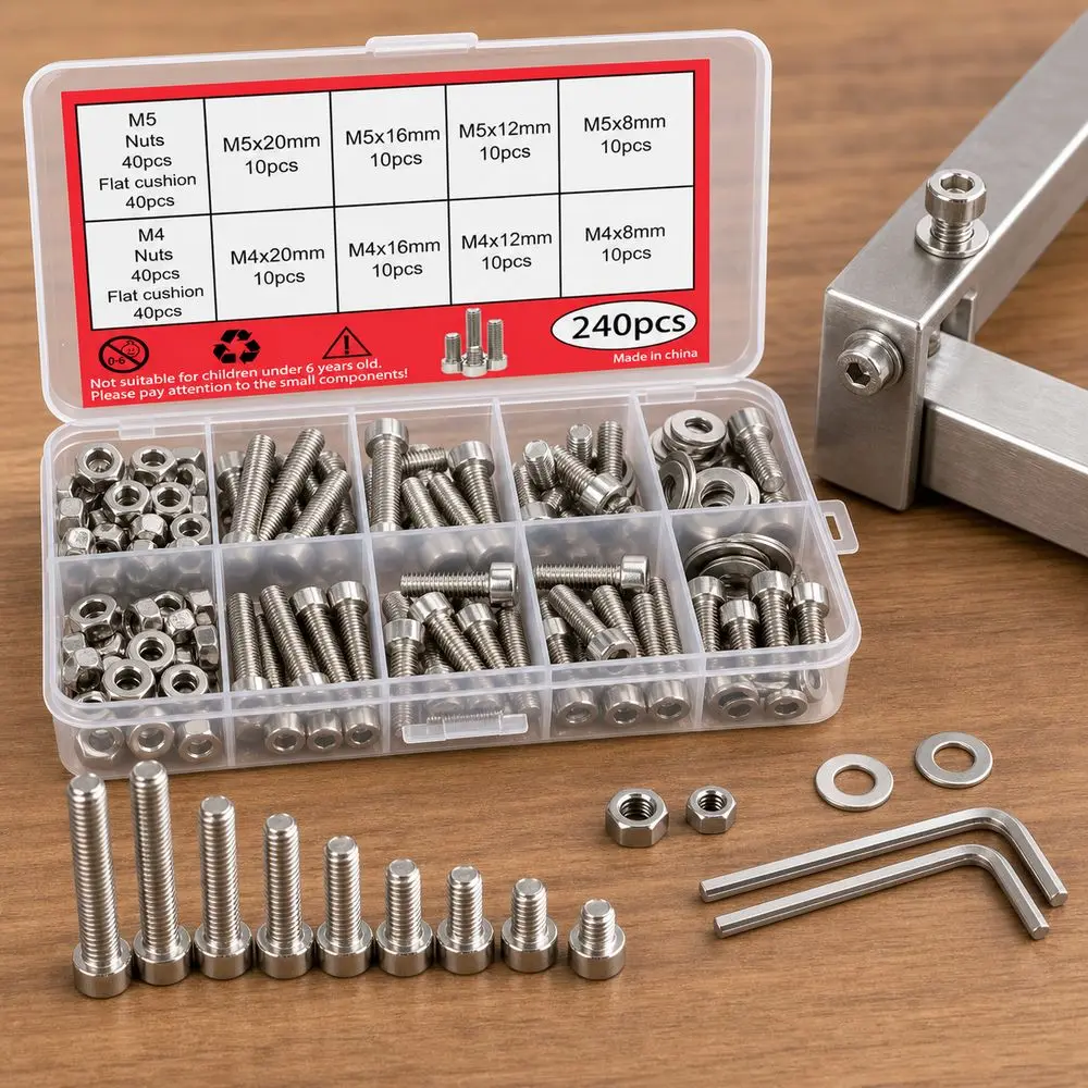 240pcs Stainless Steel Stainless Steel Bolt Set Corrosion Resistant Flat Washers Nut And Bolt Set Hex Wrench Included