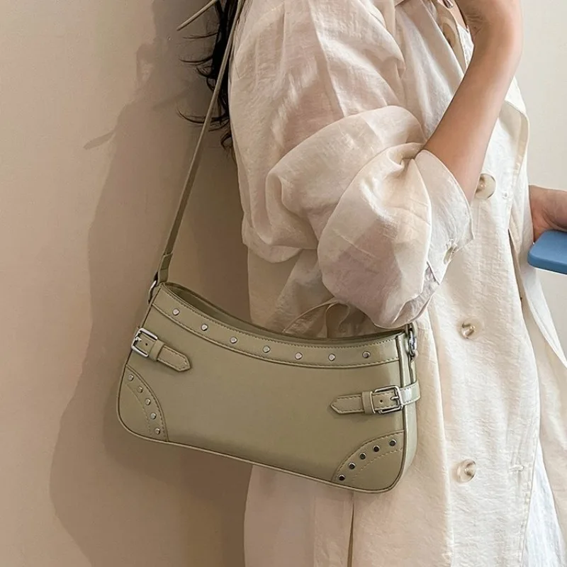 Retro Studded Faux Leather Shoulder Bag with Buckle Detail, Multi-Color for Daily Use Shopping Dating, Commuting and Short Trips