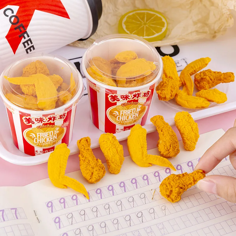 مجموعة ممحاة دلو الدجاج المقلي المحاكاة الإبداعية، ممحاة مطاطية لجناح الدجاج للأطفال والطلاب هدية الكريسماس