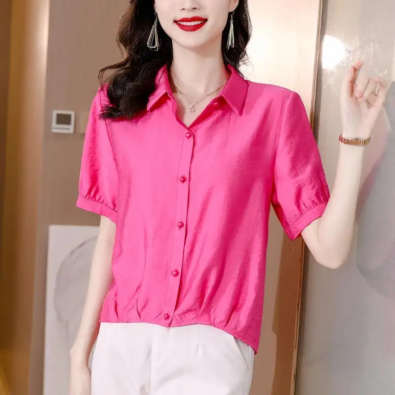 Elegant Lapel Button Loose Solid Color Folds Shirt Women\'s Clothing 2024 Spring New Casual Tops Short Sleeve Office Lady Blouse