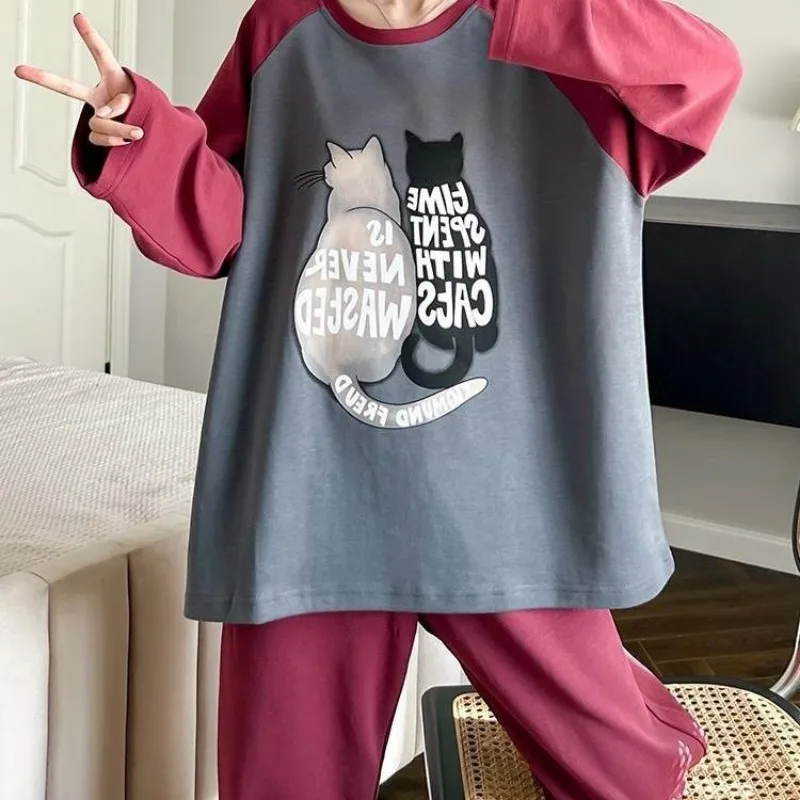 Large Size Velvet Pajamas Autumn Winter Women's Long Sleep Casual Sweet Home Wear Suit Round Neck Contrast Color Sleepwear Set