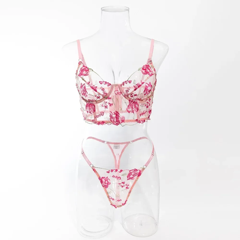

Women's Sexy Sweet Perspective Intimates Set Female Mesh Transparent Pink Flower Embroidered Steel Ring Fishbone Underwear Suit