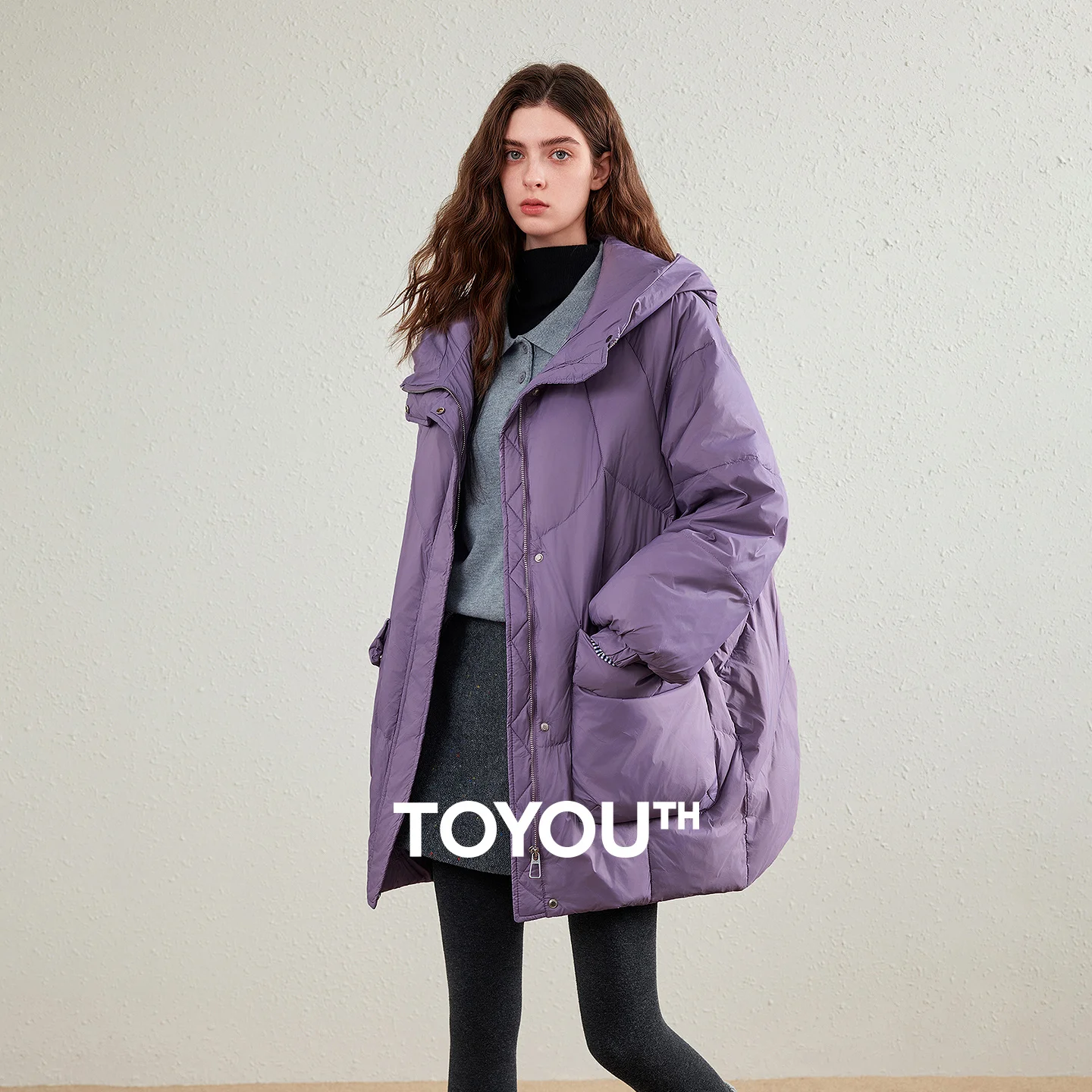 TOYOUTH Womens Down Jacket 2026 Winter New 90 White Duck Down Purple Hooded Large Pocket Warm Long Outerwear