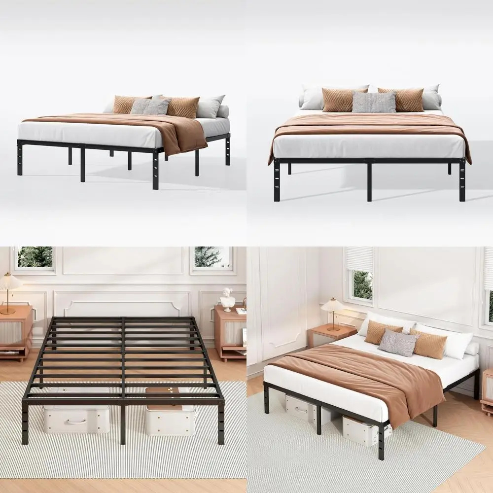 

14-дюймовая металлическая кровать-платформа Queen-size - усиленная конструкция, без пружинного блока, простая сборка, высокая несущая способность, место для хранения, черный цвет
