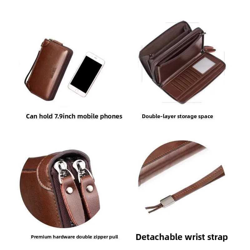 Men's genuine leather handbag, made of PU material, large capacity metal double pull tab long wallet, waterproof