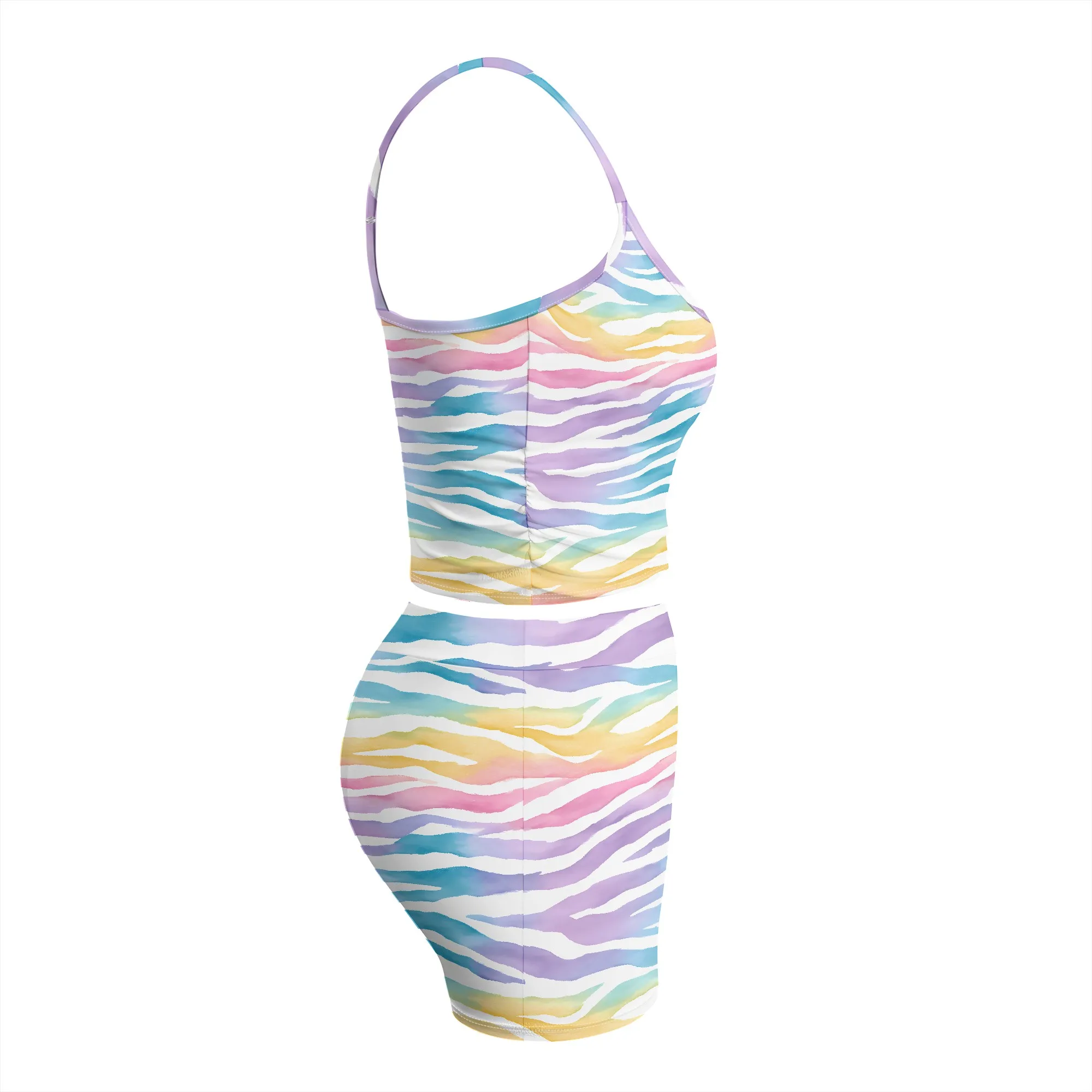 Rainbow Zebra Print Cami Set, Pastel Striped Crop Top And Shorts, Summer Lounge Wear For Women, S-2XL