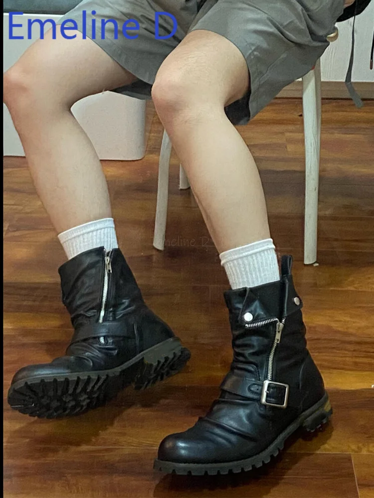 Wrinkled Western Style Unisex Leather Boots Round Toe Side Zipper Motorcycle Style Belt Buckle Height Increasing Short Boots