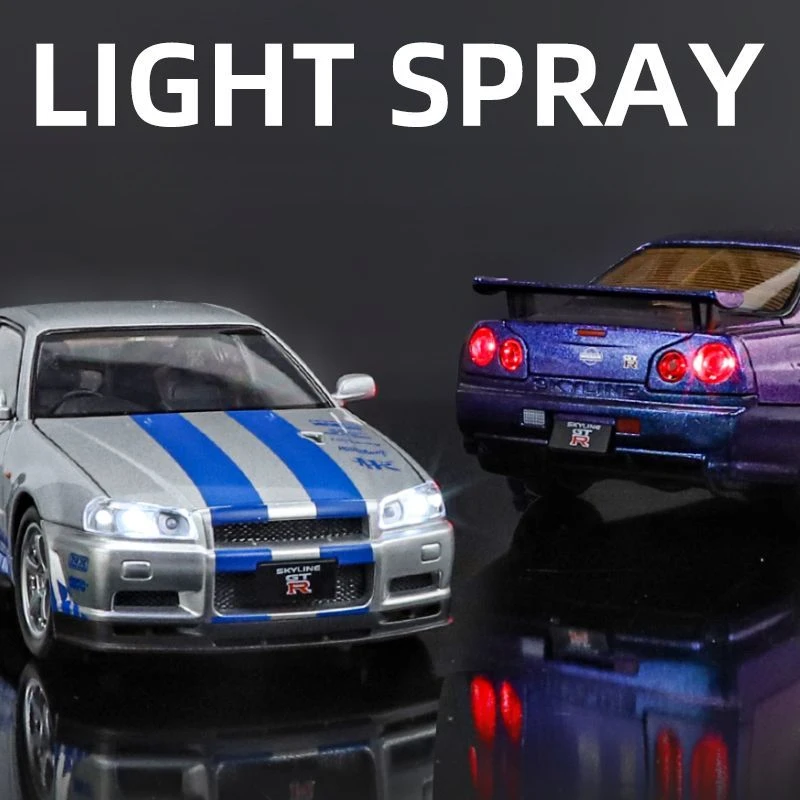 1:24 Nissan GTR R34 Skylin Fast & Furious Liga Modelo de carro Som e luz puxar para trás brinquedo infantil colecionável presente de aniversário