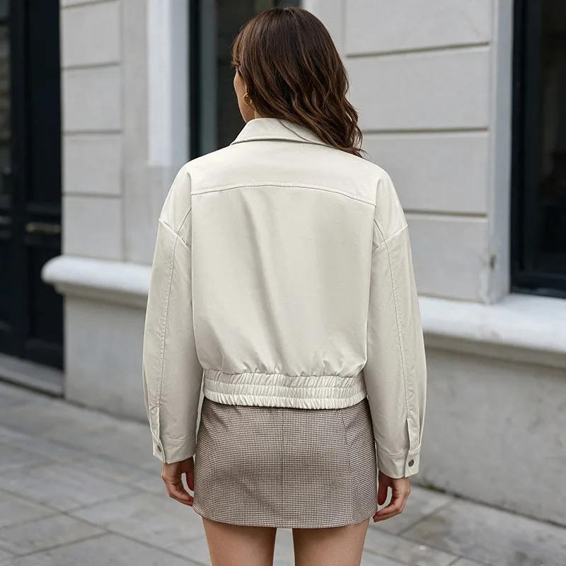 Women's Spring/autumn Medium Weight Oversized Fit Solid Color Bomber Jacket with Lapel Collar Drop Shoulder Long Sleeve Zipper