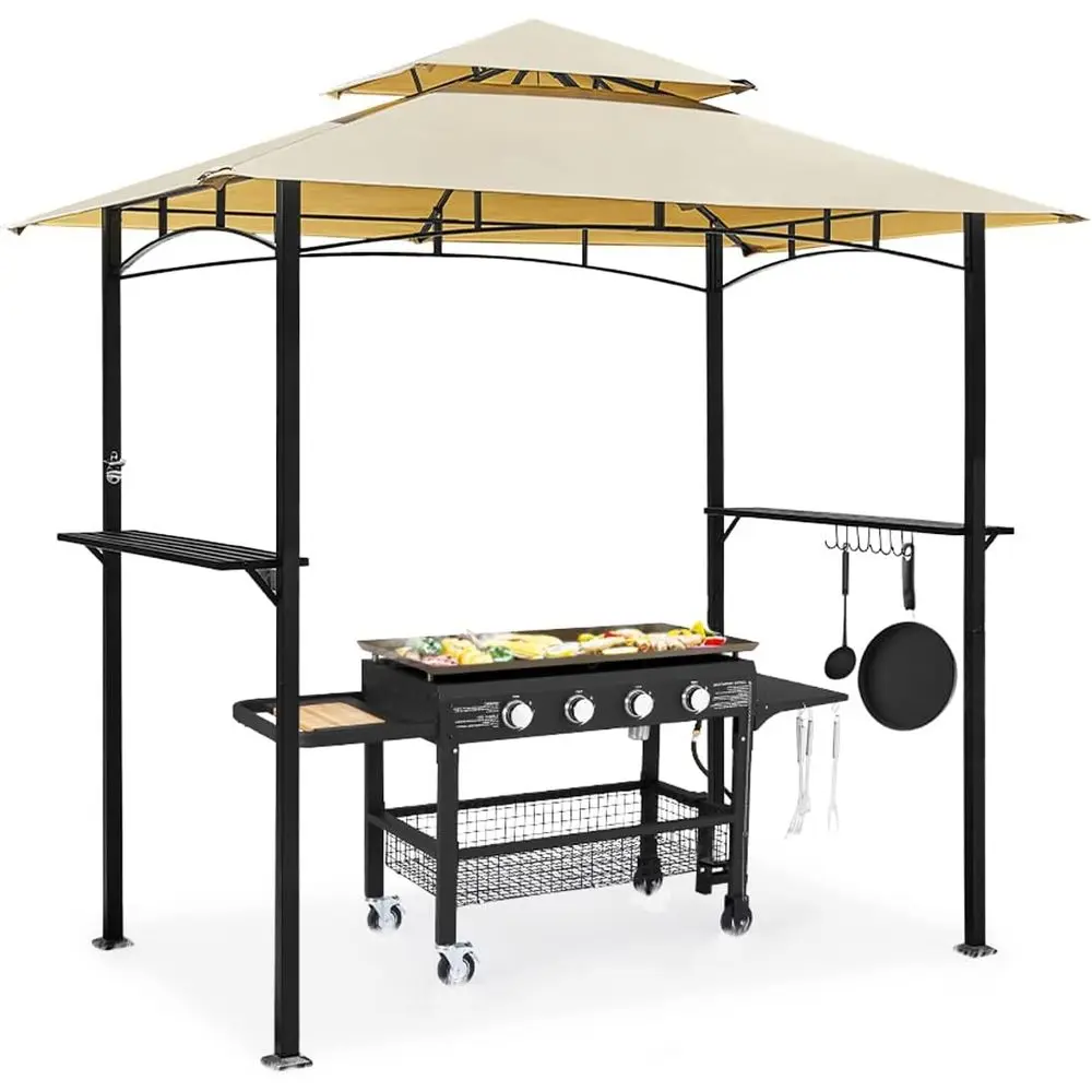 

8'x5' 2‑Tier Outdoor Grill Gazebo Canopy BBQ Shelter For Patio Backyard Beige