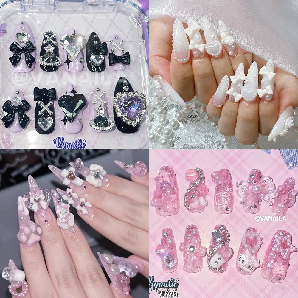 

Kawaii Sanrio Hello Kitty Almond Handmade Press On Nails Cute 3D Pearl Bow Rhinestone Full Cover Wearable Fake Nails Gifts