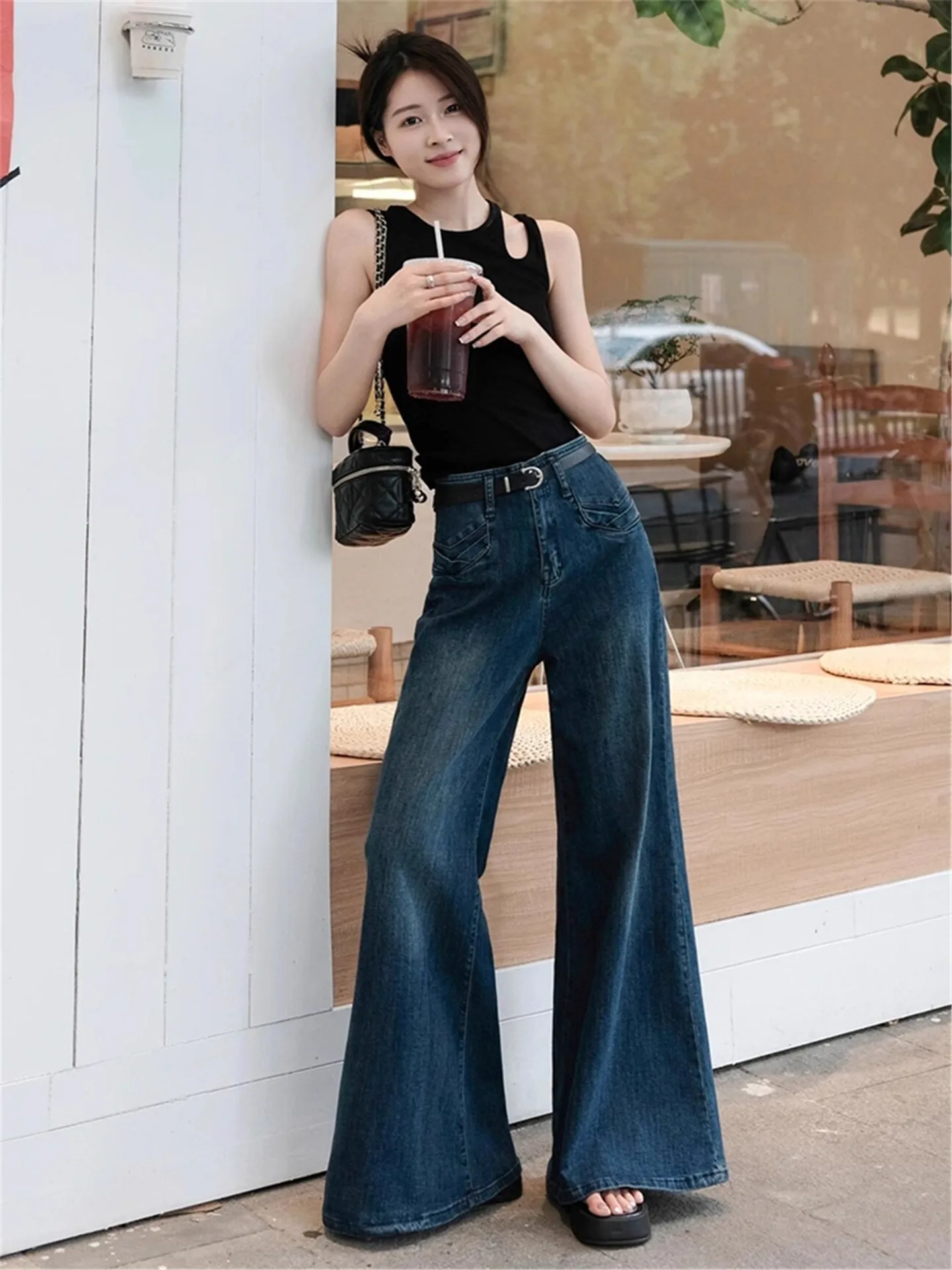 

High Waist Loose Fit Bell Bottom Jeans Women's Spring Autumn Vintage Blue Casual Cotton High Rise Flared Pants