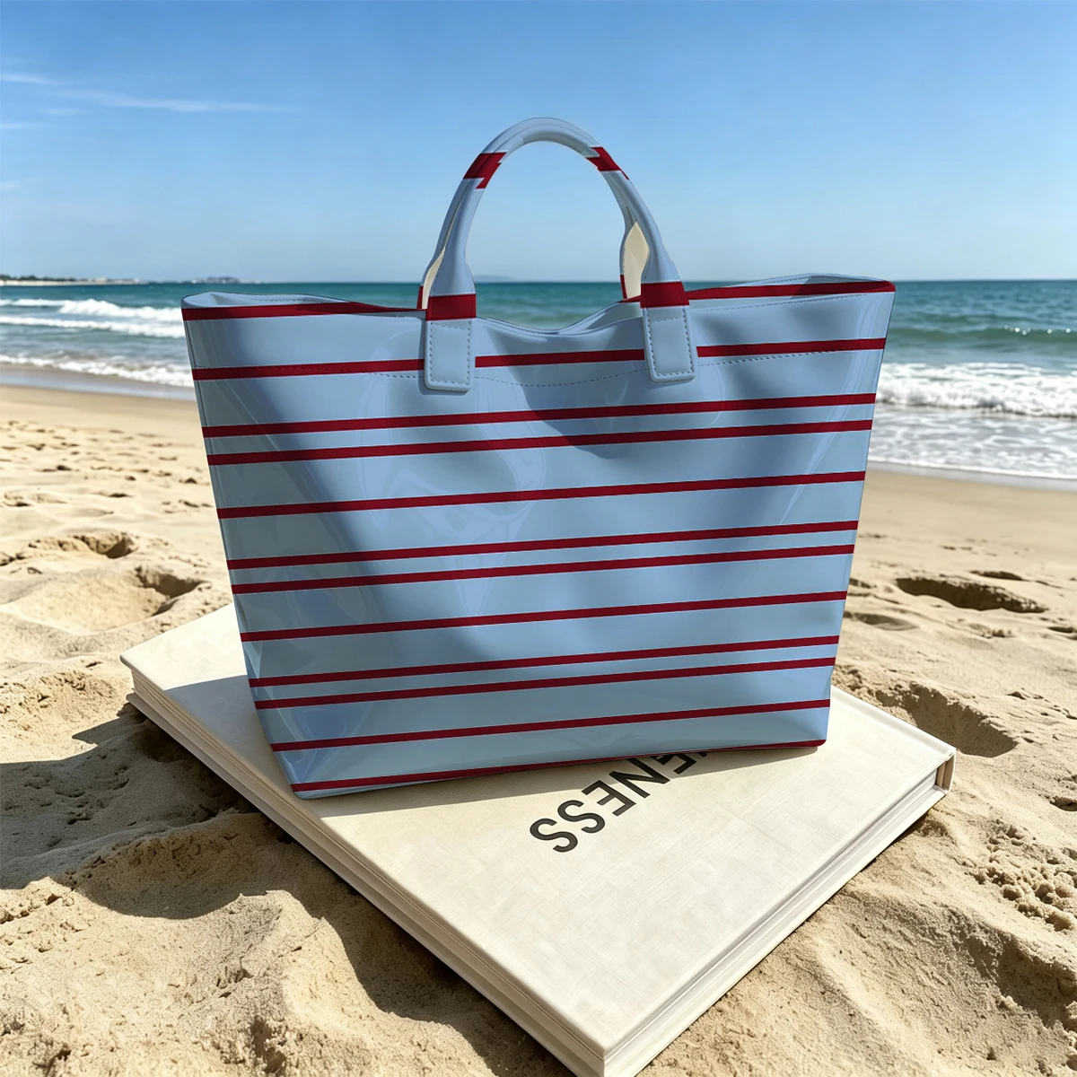 Burgundy Sky Stripe Hot Sale Large Glossy PVC Tote Bag Hand Washable Waterproof Great for Travel Commute Makeup Storage Handbags