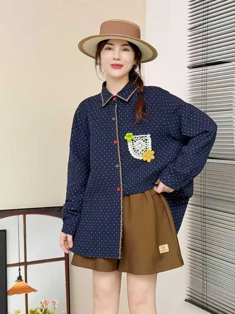 جديد 2025 خريف غزل القطن قميص طويل الأكمام ، المرأة بدوره إلى أسفل طوق التطريز جيب ، موري فتاة ريترو OL بلوزة فضفاضة T5O754CC #6