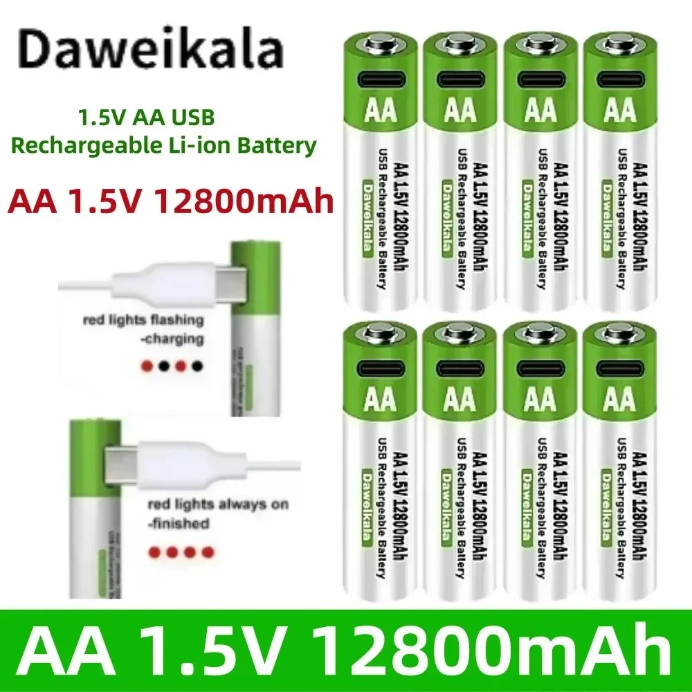 topNew 1.5V AA USB Rechargeable Li-ion Battery 12800mAh Fast Charging Li-ion Battery W/Type-C Cable for Remote Mouse Electric To