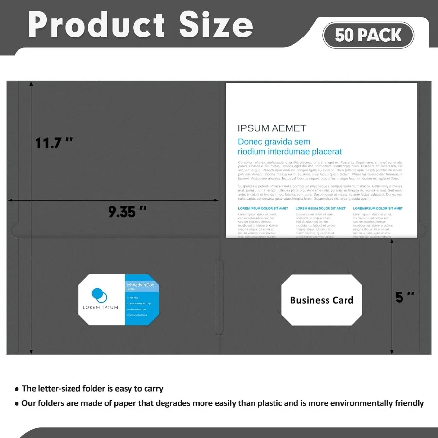 두 개의 포켓 폴더 PANDRI 50팩 레터 사이즈 종이 파일 폴더 학교 사무실 가정 비즈니스 조직용 내구성 있는 검정색