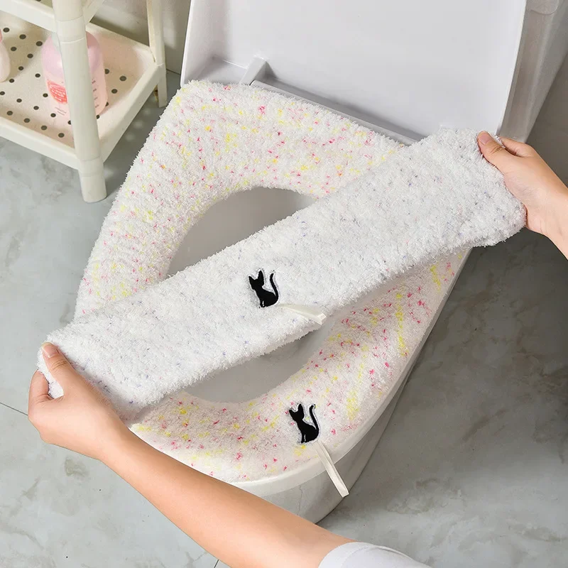 Winter Warm Toilet Seat Cover Mat Bathroom Toilet Pad Cushion with Handle Thicker Soft Washable Closestool Warmer Accessories