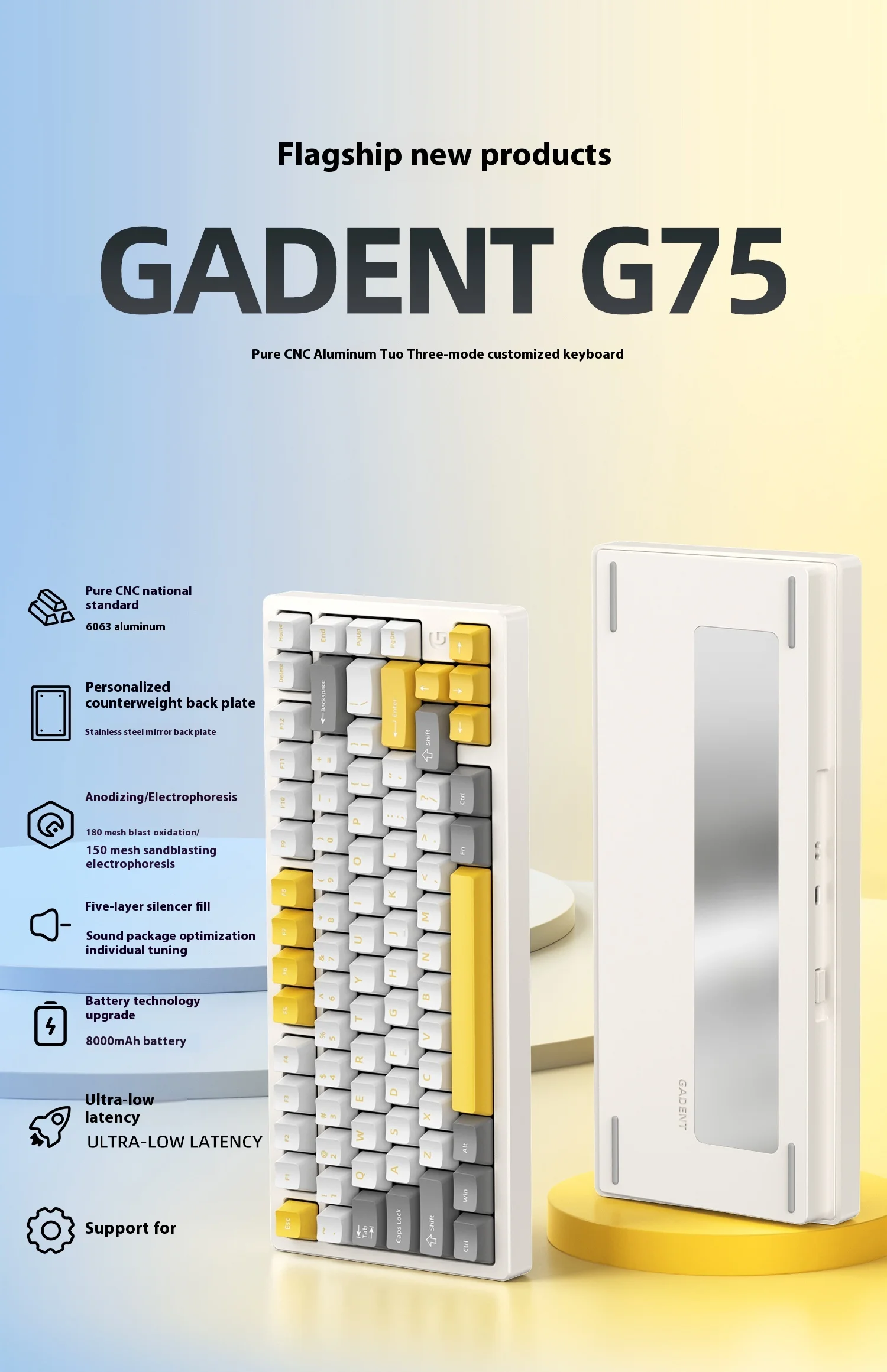 GADENT G75 Mechanical Keyboard Tri-mode Wireless Keyboards Aluminum Alloy Metal 75% Custom Hot-Swap Gasket RGB Gaming Keyboard