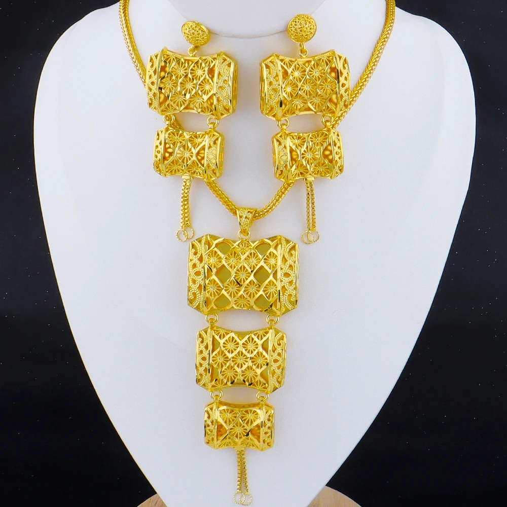 Elegant Exquisite Gold Plated Necklace Earrings 3Pcs Jewelry Set for Women Fashion Square Design Jewelry for Party Daily Wear
