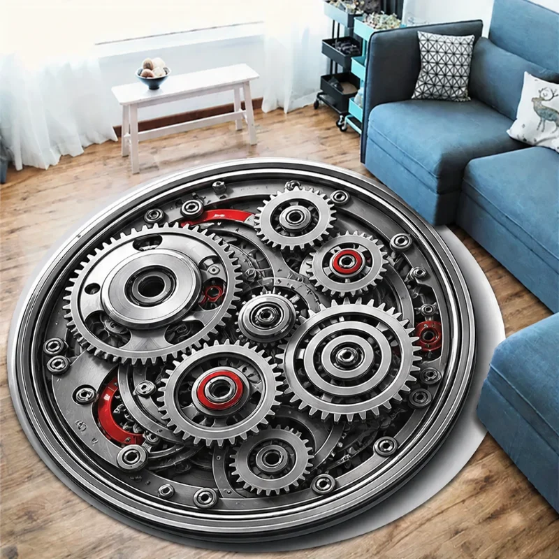 Theme Round Rug for Living Room Floor Mat Home Decor Tire Jet Engine Car Rim Steering Wheel Metal Gear Pattern Print Indoor