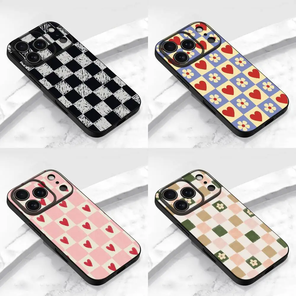 

Checkerboard Chess Board Square Flowers Phone Case For iPhone 17,16,15,14,13,12,11,Pro,Max,Plus,E,Air,Mini Soft Black Cover