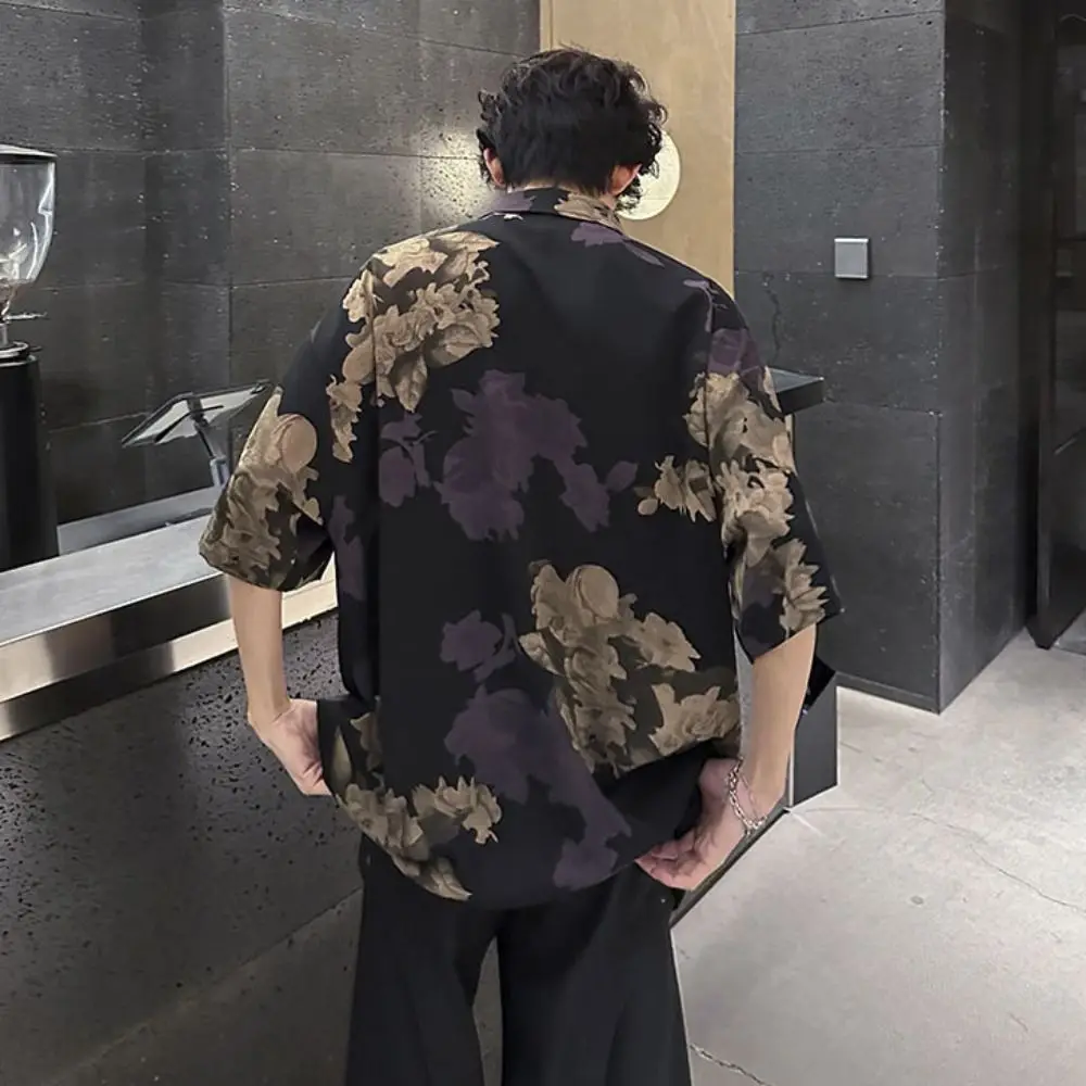 

Fashion Loose Beachwear Shirts Men V-neck Button Up Women Flower Blouse Lapel Streetwear Short Sleeve Shirts Summer