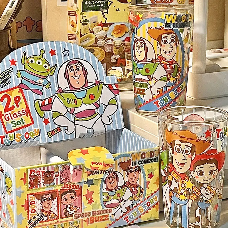 Disney Winnie the Pooh Toy Story Chip and Dale Glass Cartoon Couple Friends Cup Dormitory Home Water Cup with Gift Box for Gifts