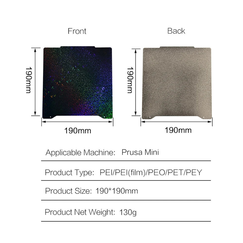 Prusa 미니 빌드 플레이트 양면 질감 부드러운 PEO PEY PET PEI 용수철 강판, 3D 프린터 액세서리, 190x190mm