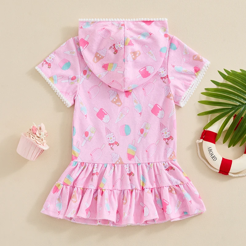 Toddler Kid Clothes Girls Summer Swimwear Cover Up Children Short Sleeve Ice Cream Print Zipper Hooded Dress Beachwear 1-8Y