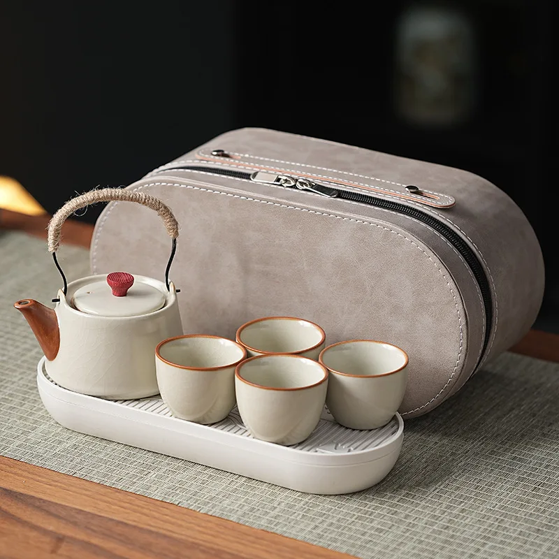 

Ru kiln travel tea set, luxury Chinese ceremony, gift box, portable teapot cup