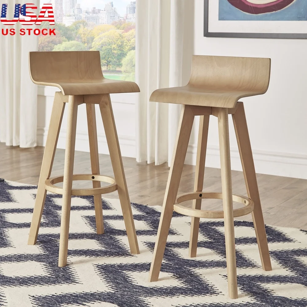 

Modern Swivel Bar Stool Set of 2 Solid Wood Comfortable Armless Dining Stools with Low Back and Footrest Home Furniture