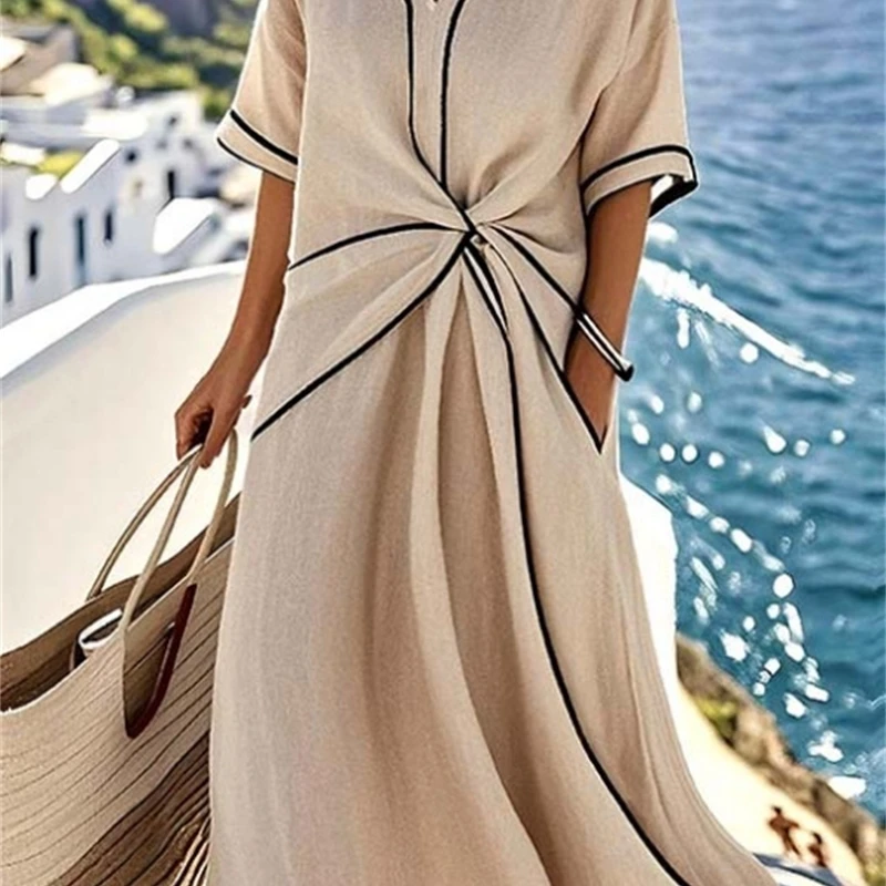 Elegant Striped Print Short Sleeve Woman Dress Casual V Neck Vacation Beach Maxi Dress Summer Boho Loose Irregular A-Line Dress