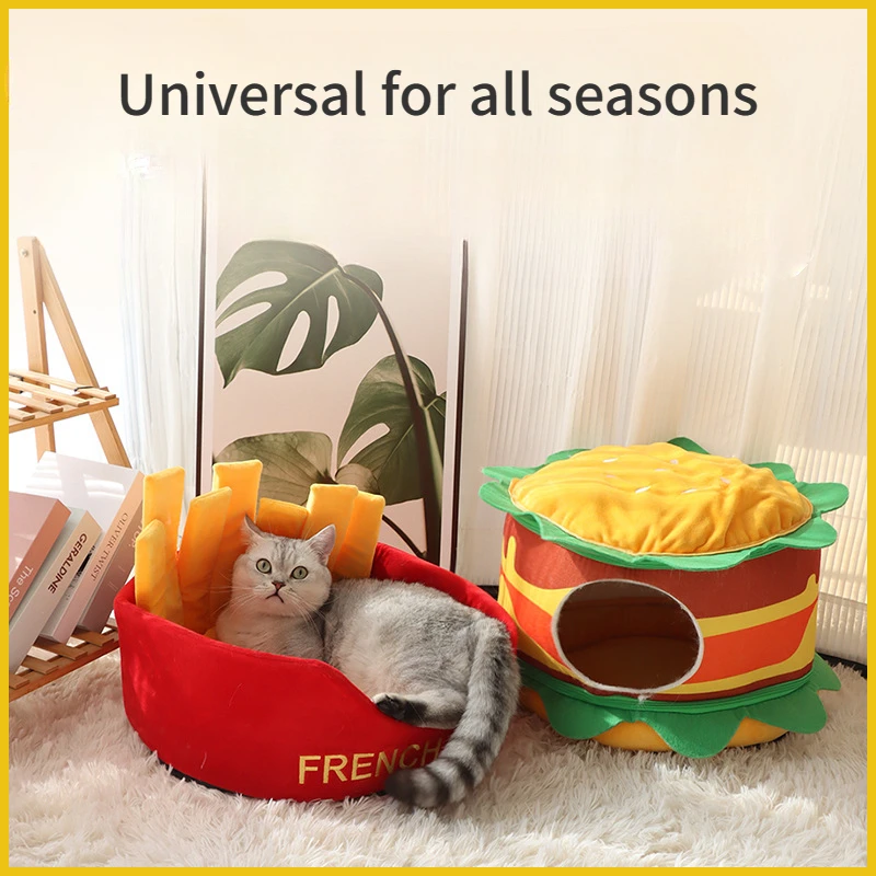 Multi-functional Hamburger Cat Kennel Warm Semi-enclosed Pet Cat House Removable and Washable for All Seasons Cat House Mat