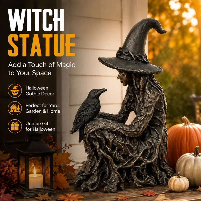 Gothic‑styled Resin Witch Statue Figurine Spooky Halloween‑themed Ornament Sturdy Home Courtyard Decoration Artwork for Festive